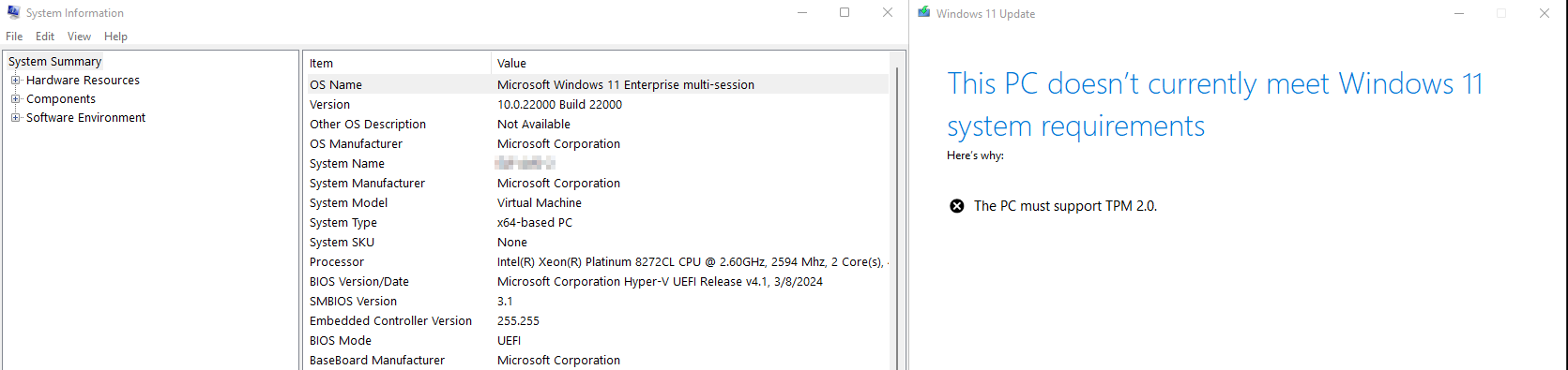 Azure VM system check error message stating this PC doesn't meet Windows 11 hardware requirements
