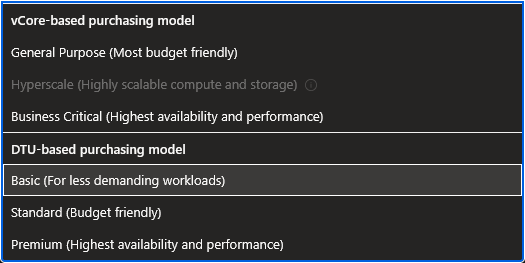 SQL Database Model Selection